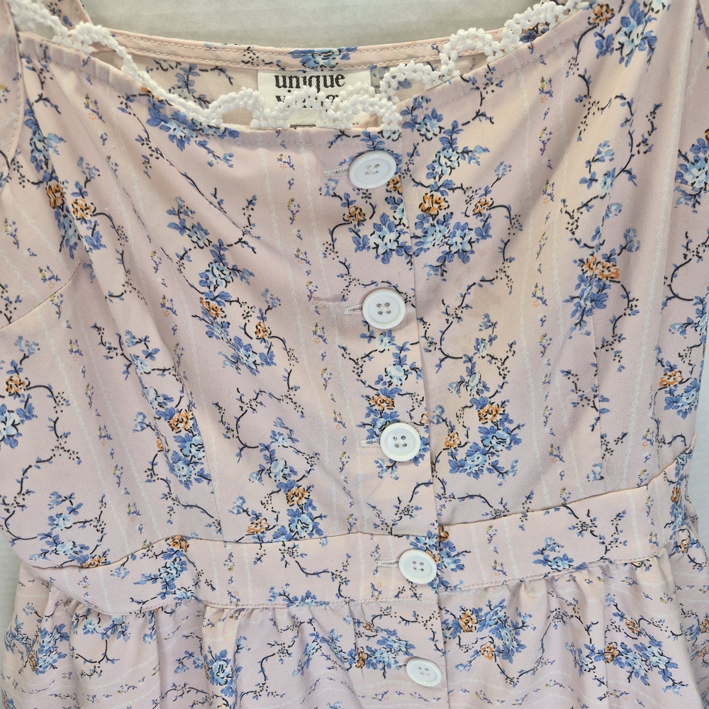 Unique vintage Light Pink Floral Pattern Swing Dress Style Crochet Trim Size L - Picture 9 of 12